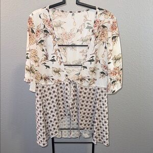 Floral Mixed-Print Tie-Front Kimono Top - Cream, Green, Rust